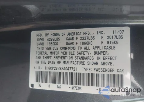 2008 Honda Accord 2.4 Lx z USA, uszkodzony, nr VIN 1HGCP26398A047721
